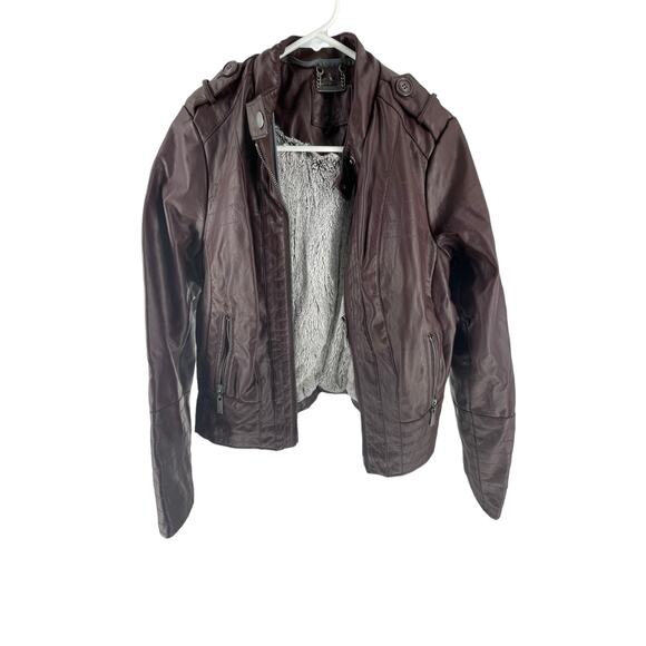 L2 Burgundy Faux Leather Faux Fur Lined Full Zip Moto Jacket Women's Size Small - Picture 1 of 7